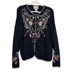 Heirloom Collectibles Black Embroidered Paisley Floral Cardigan Sweater Womens L